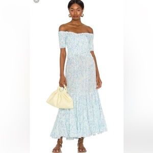 NWT Poupette St Barth Soledad Off Shoulder Midi Dress Sky Blue Breeze Size XS